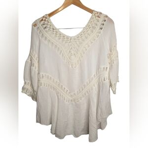 Boho Off White Flowy Swim Cover Up/ Top With Woven Detailing.